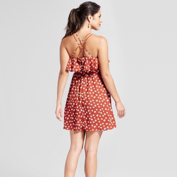 Xhilaration Rust Red Floral Ruffle Sleeveless Mini Dress Size Medium - Picture 2 of 8